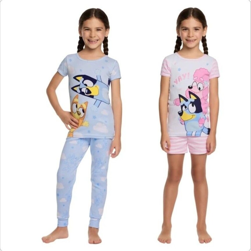 Bluey Girls 4-piece Pajama Set Cotton Size 4T Glitter Accents Shorts Pants